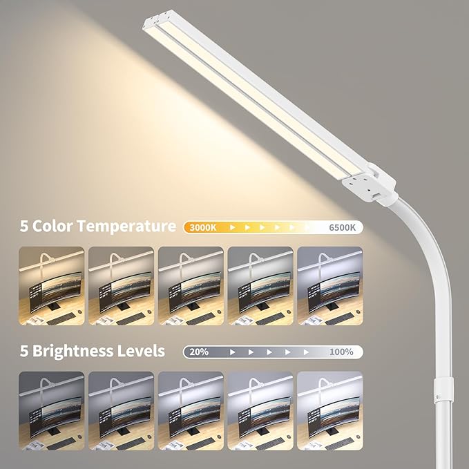 Desk Lamp Architect Task Dual Head Modern Flexible Gooseneck Tall Dimmable Light for Home Office, 5 Color Modes,Remote Control, 1500lm 24W Extra Bright Lighting - LeafyLoom