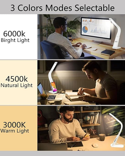 LED Desk Lamp with USB Charging Port, 10W wireless charger, Stepless dimmable, 3 Color Modes, Desk Lights for Home Office, Office Desk Lamp Eye Caring Reading Light, Gesture Control Table Lamp - LeafyLoom
