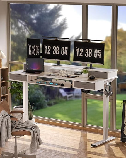 Electric Standing Desk, Multifunctional Standing Desk Adjustable Height, 63 * 24 Standing Desk with 4 Drawers, Ergonomic Adjustable Standing Desk with Keyboard Tray, Snow White - LeafyLoom