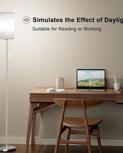 Floor Lamp for Living Room Bedroom - 3 Color Temperature Silver Standing Lamps with Pull Chain Switch, Modern Tall Lamp for Office Home Nursery, Pole Lamp with White Lampshade for Reading - LeafyLoom