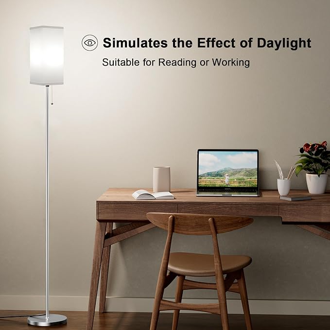 Floor Lamp for Living Room Bedroom - 3 Color Temperature Silver Standing Lamps with Pull Chain Switch, Modern Tall Lamp for Office Home Nursery, Pole Lamp with White Lampshade for Reading - LeafyLoom
