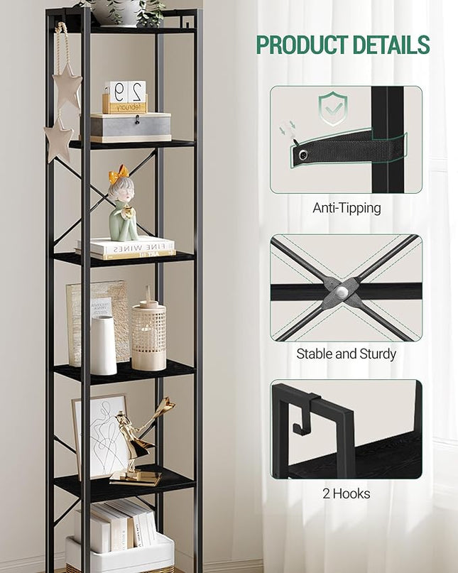 Bookshelf, Book Shelf, Industrial Bookcase with 2 Hooks, Coner Shelf Storage Organizer for Home Office, Living Room, Bedroom, Kitchen, 6-Tier Black BC10704B - LeafyLoom