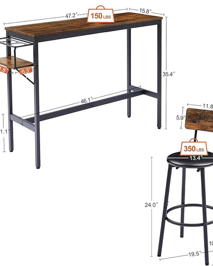 Dining Table Set for 2, Bar Table and Chairs Set, Industrial Counter Height Bar Table with Wine Rack, and 2 PU Upholstered Seat Stools with Backrest & Footrest, for Kitchen, Bar, Rustic Brown - LeafyLoom
