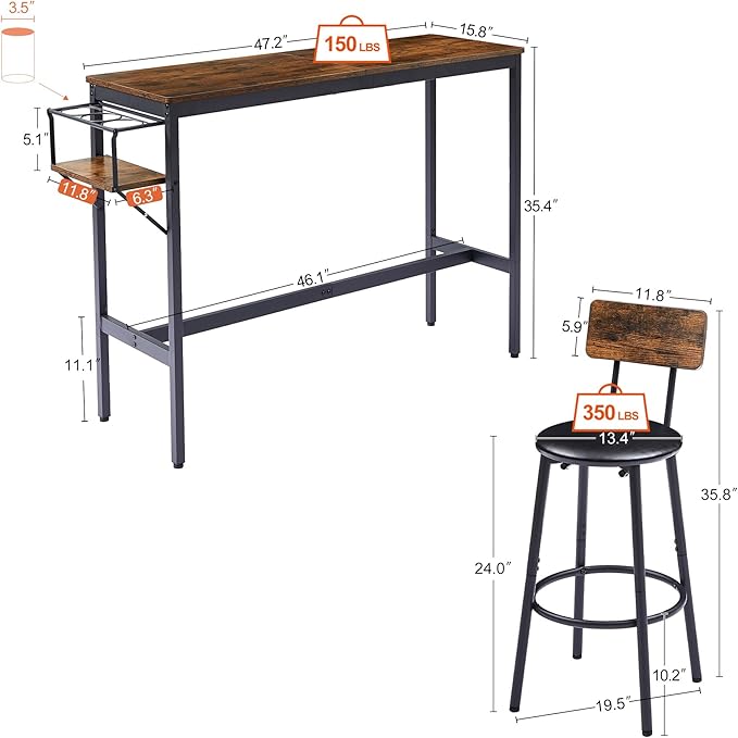 Dining Table Set for 2, Bar Table and Chairs Set, Industrial Counter Height Bar Table with Wine Rack, and 2 PU Upholstered Seat Stools with Backrest & Footrest, for Kitchen, Bar, Rustic Brown - LeafyLoom