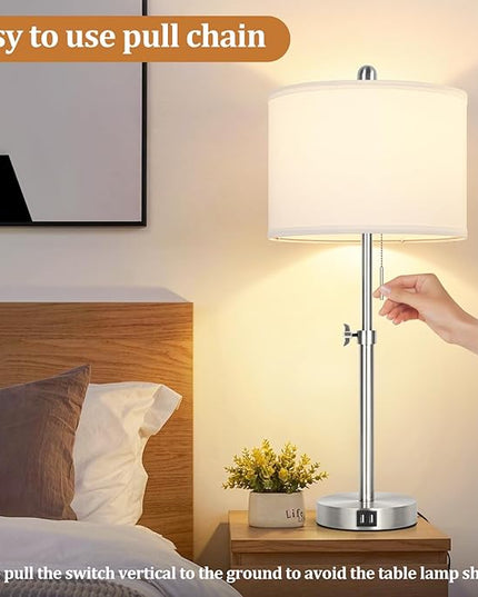 Table Lamp Set of 2 for Bedroom, Bedside Lamp with 2 USB Ports, 23" to 30" Height Adjustable Tall Table Lamp for Living Room End Tables, Modern Silver Nightstand Lamp with Pull Chain - LeafyLoom