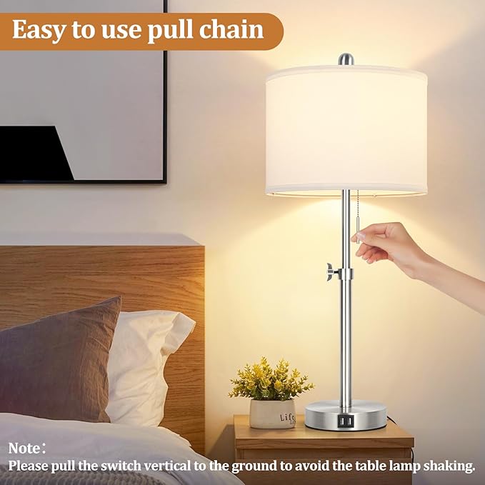 Table Lamp Set of 2 for Bedroom, Bedside Lamp with 2 USB Ports, 23" to 30" Height Adjustable Tall Table Lamp for Living Room End Tables, Modern Silver Nightstand Lamp with Pull Chain - LeafyLoom