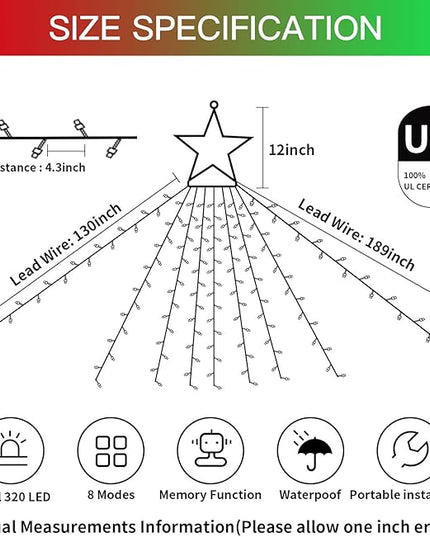 PUHONG Christmas Decoration Outdoor Star String Lights,320 LED Christmas Lights[8 Modes & Waterproof], Lighted Christmas Star for Halloween Xmas New Year Holiday (IronStar-Red+Green) PUHONG