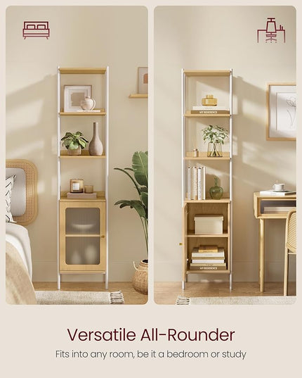 VASAGLE 6-Tier Bookcase, Slim Bookshelf with PC Door, Freestanding Storage Shelf with Metal Frame, Adjustable Shelf, for Living Room, Oak Beige and Pearl White ULLS123W57 - LeafyLoom