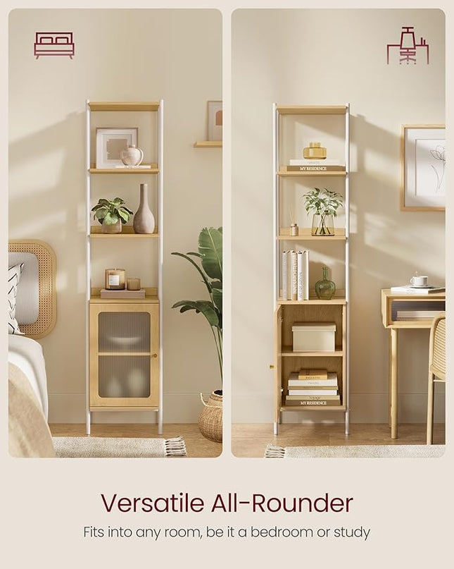 VASAGLE 6-Tier Bookcase, Slim Bookshelf with PC Door, Freestanding Storage Shelf with Metal Frame, Adjustable Shelf, for Living Room, Oak Beige and Pearl White ULLS123W57 - LeafyLoom