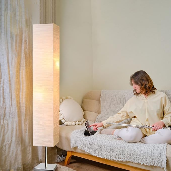 Modern Floor Lamp, Dimmable 3 Levels Brightness Paper Tall Lamp Standing Lamps with Lampshade, 55'' Minimalist Floor Lamps for Office, Kids Room, Reading, Home Decor (Off White) - LeafyLoom