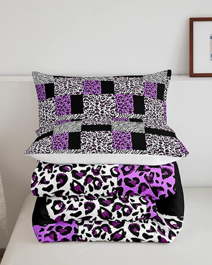 Erosebridal Purple Leopard Bedding Set Patchwork Cheetah Print Comforter Sets King Size for Girls Teens Adults Women Bedroom Black Zebra Pattern Duvet Sets Animal Skin Down Comforter 2 Piece - LeafyLoom