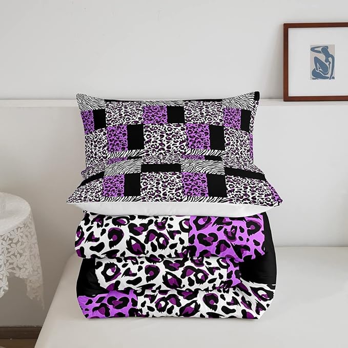 Erosebridal Purple Leopard Bedding Set Patchwork Cheetah Print Comforter Sets King Size for Girls Teens Adults Women Bedroom Black Zebra Pattern Duvet Sets Animal Skin Down Comforter 2 Piece - LeafyLoom