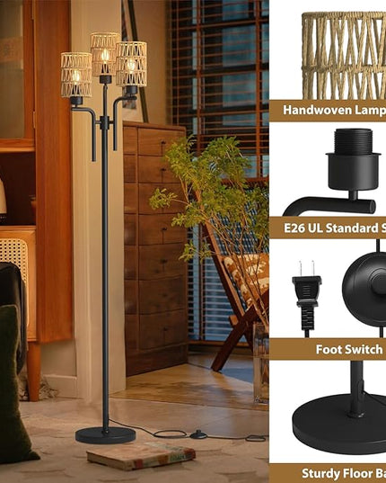 Rattan Floor Lamp, Boho Style Standing Lamp with Foot Switch, 3 Head E26 Universal Sockets, Metal Standing Floor Lamp for Living Room, Bedroom (Bulb Not Included) - LeafyLoom