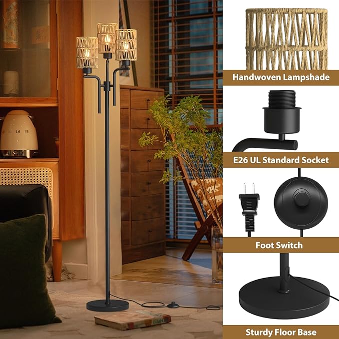 Rattan Floor Lamp, Boho Style Standing Lamp with Foot Switch, 3 Head E26 Universal Sockets, Metal Standing Floor Lamp for Living Room, Bedroom (Bulb Not Included) - LeafyLoom