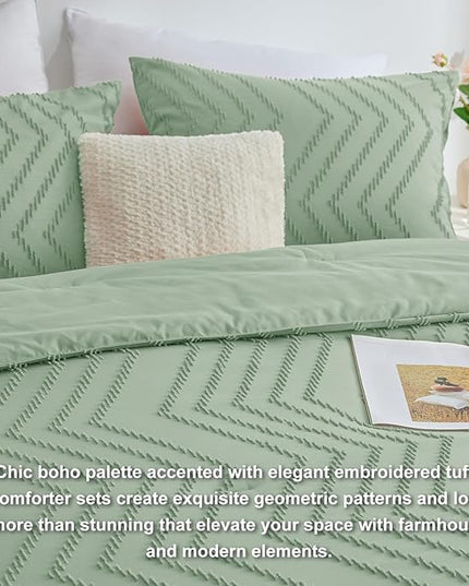 CozyLux Full Size Comforter Set Sage Green - 3 Pieces Boho Tufted Shabby Chic Bedding Comforter Set for All Seasons, Chevron Bedding Sets with Comforter & 2 Pillow Shams - LeafyLoom