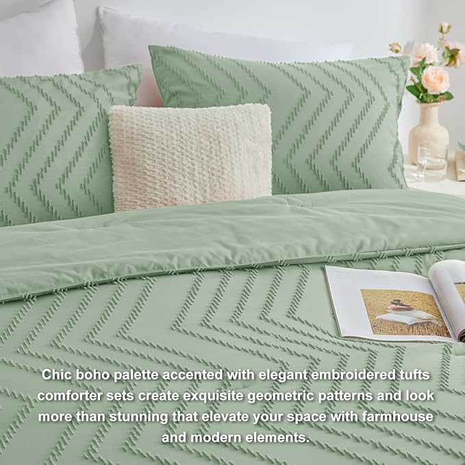 CozyLux Full Size Comforter Set Sage Green - 3 Pieces Boho Tufted Shabby Chic Bedding Comforter Set for All Seasons, Chevron Bedding Sets with Comforter & 2 Pillow Shams - LeafyLoom