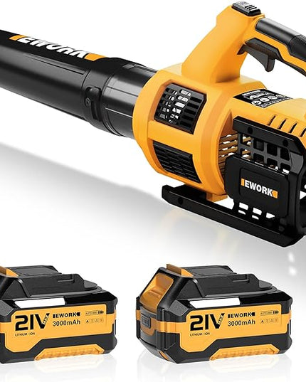 EWORK Cordless Leaf Blower - 21V Electric Leaf Blower Cordless with (2) 3.0Ah Battery and Fast Charger 400CFM Variable Speed & Turbo Mode - Battery Powered Leaf Blowers for Lawn Care and Patio - LeafyLoom