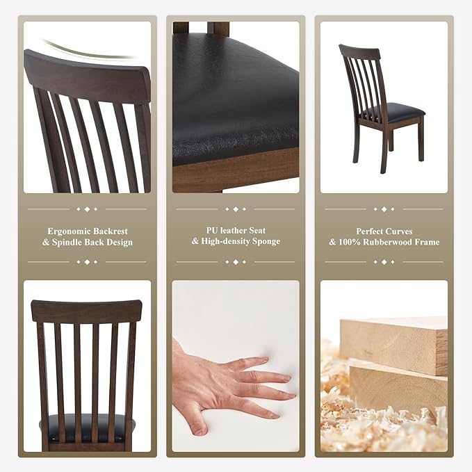 COLAMY Wooden Dining Chairs Set of 4, PU Leather Dining Room Kitchen Side Chair with Spindle High Back and Adjustable Foot Pegs - LightBrown - LeafyLoom