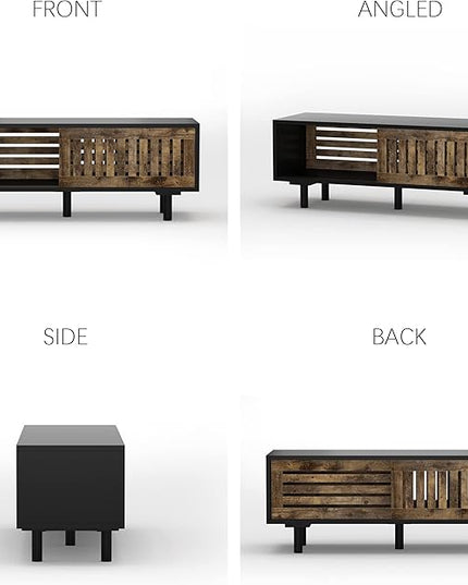 Mid-Century Modern TV Stand, Glossy Black TV Console with Sliding Doors, TV Console with Large Storage, Entertainment Center with Sturdy Solid Wood Legs, Living Room&Bedroom, Brown&Black - LeafyLoom