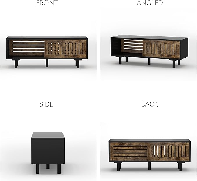 Mid-Century Modern TV Stand, Glossy Black TV Console with Sliding Doors, TV Console with Large Storage, Entertainment Center with Sturdy Solid Wood Legs, Living Room&Bedroom, Brown&Black - LeafyLoom