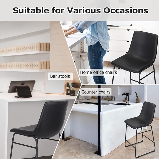 Bar Stools Set of 2, 26 Inches Bar Stool with Back, Carbon Fiber Bar Chair with Metal Legs (Black) - LeafyLoom