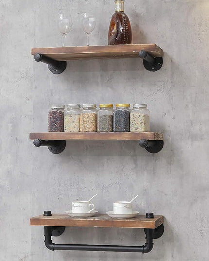 Industrial Rustic Modern Wood Ladder Pipe Wall Mounted Floating Shelves - Bookshelf,DIY Storage Shelving,Hung Bracket,Bookcase (3-Tier Floating Shelves) - LeafyLoom