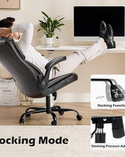 Office Chair - Ergonomic Executive Computer Desk Chairs with Adjustable Flip-up Armrest, Swivel Task Chair with Lumbar Support, Strong Metal Base, PU Leather, Brown - LeafyLoom