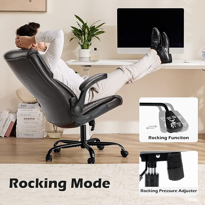 JHK Leather Office Chair with Flip Up Arms, Executive High Back Big and Tall Desk Chairs with Ergonomic Lumbar Support, Adjustable Height,Wheels, Soft Padded, Brown - LeafyLoom