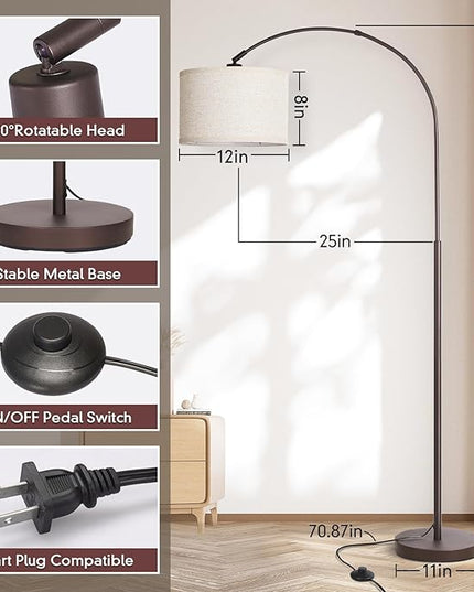 Floor Lamp for Living Room, Arc Floor Lamp with Adjustable Head, Modern Arched Floor Lamp with On/Off Pedal Switch, Over Couch Tall Standing Hanging Light for Reading, Bedroom, Office (Brown) - LeafyLoom