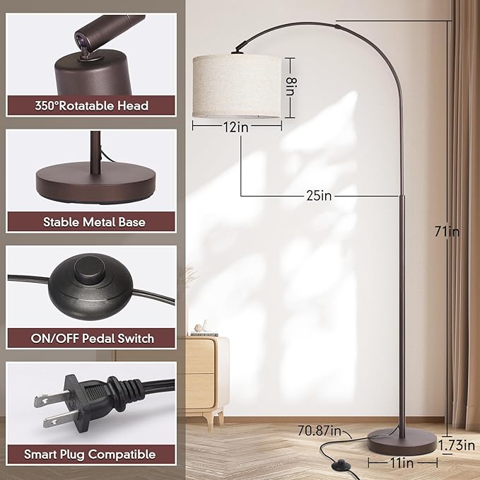 Floor Lamp for Living Room, Arc Floor Lamp with Adjustable Head, Modern Arched Floor Lamp with On/Off Pedal Switch, Over Couch Tall Standing Hanging Light for Reading, Bedroom, Office (Brown) - LeafyLoom