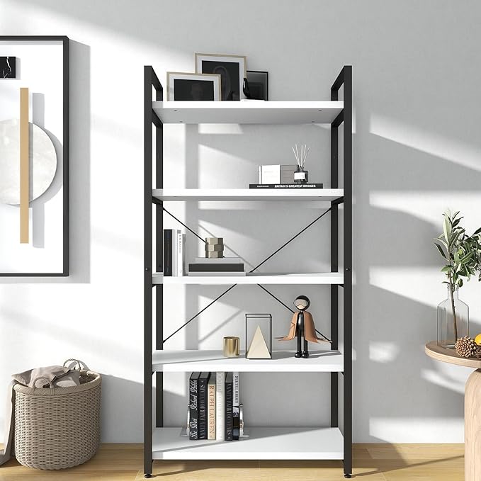 Panana 5 Tier Industrial Rustic Wooden Bookshelves, Vintage Open Wood and Metal Farmhouse Bookshelf Heavy Duty Storage Shelving Unit Rack (White) - LeafyLoom