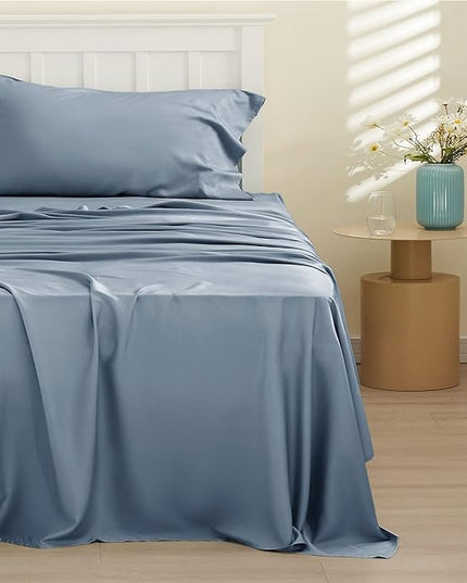 Bedsure Twin XL Sheet Set Dorm Bedding, Cooling Sheets Twin Extra Long Sheets, Rayon Derived from Bamboo, Deep Pocket Up to 16", Hotel Luxury Silky Bedding Sheets & Pillowcases, Mineral Blue - LeafyLoom