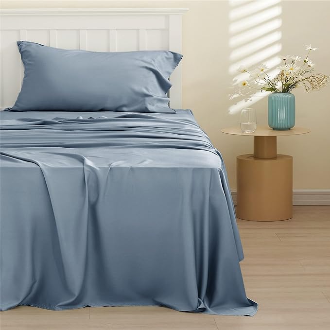 Bedsure Twin XL Sheet Set Dorm Bedding, Cooling Sheets Twin Extra Long Sheets, Rayon Derived from Bamboo, Deep Pocket Up to 16", Hotel Luxury Silky Bedding Sheets & Pillowcases, Mineral Blue - LeafyLoom