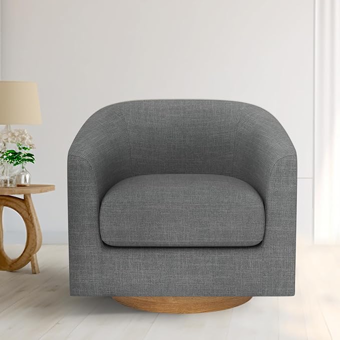 MUUEGM Accent Chair with Arms, 360 Degree Swivel Accent Chair with Wood Base, Modern Barrel Chair for Living Room, Bedroom, Waiting Room, Fully Assembled,Performance Fabric in Dark Grey - LeafyLoom
