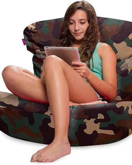 Posh Creations Structured Comfy Bean Bag Chair for Gaming, Reading and Watching TV, Laguna Lounger, Nylon - Camo Green - LeafyLoom