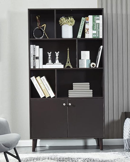 Modern Bookcase with 2 Doors, Shelf Organizer for Display, Wooden Bookshelf Library with 6 Storage Cabinet for Home Office (coffee) - LeafyLoom