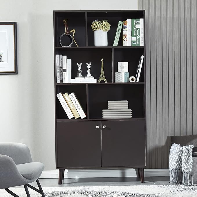 Modern Bookcase with 2 Doors, Shelf Organizer for Display, Wooden Bookshelf Library with 6 Storage Cabinet for Home Office (coffee) - LeafyLoom