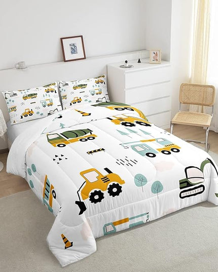 Feelyou Excavator Kids Comforter Construction Trucks Comforter Set for Boys Teens Heavy Vehicles Decor Bedding Set Cartoon Cars Green Orange Quilt Set with 1 Pillowcase 2Pcs Bedding Twin - LeafyLoom