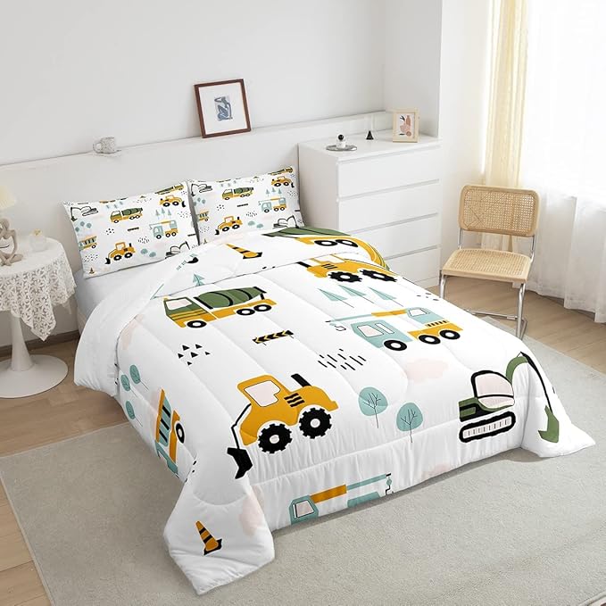 Feelyou Excavator Kids Comforter Construction Trucks Comforter Set for Boys Teens Heavy Vehicles Decor Bedding Set Cartoon Cars Green Orange Quilt Set with 1 Pillowcase 2Pcs Bedding Twin - LeafyLoom