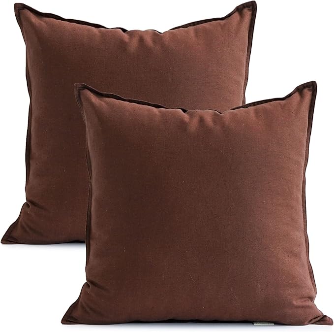 Jeanerlor 18"x18" Solid Cotton Linen Decoration Throw Pillow Case with Zipper Euro Sham Cushion Case Cool Pillow Cover Delicate Decorative Pillowcase for Chair/Bed/Couch,2 Packs, Reddish Brown - LeafyLoom