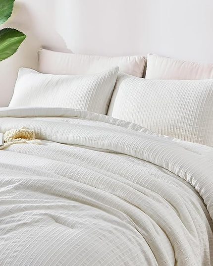 ENCOFT White Comforter King Size, Soft Microfiber Farmhouse Boho Comforter Set King, 3 Pieces Lightweight Winter Bedding with 1 Textured Striped Comforter and 2 Pillowcases, 104x90 Inches - LeafyLoom