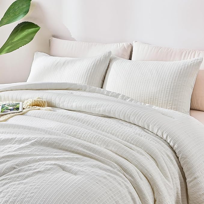 ENCOFT White Comforter King Size, Soft Microfiber Farmhouse Boho Comforter Set King, 3 Pieces Lightweight Winter Bedding with 1 Textured Striped Comforter and 2 Pillowcases, 104x90 Inches - LeafyLoom