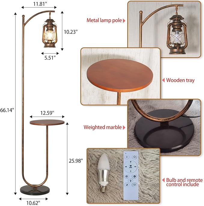 Hsyile Floor Lamp for Living Room Bedroom with Table and Shelves Retro Horse Lantern Floor Lamp with Remote Dimmable Farmhouse Standing Lamp (Red Copper) - LeafyLoom