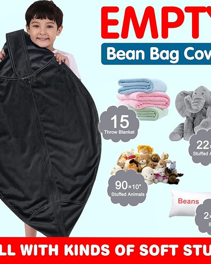 Lukeight Stuffed Animal Storage Bean Bag Chair Cover for Kids, Zipper Beanbag Chair Cover for Organizing Toddler & Kids' Rooms Plush Toys (Black, X-Large) - LeafyLoom