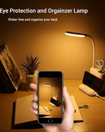 LED Desk Lamp, NovoLido Rechargeable Lamp with USB Charging Port/Pen Holder/Phone Holder, Small Study Cute for Kids/Home/Office/Dorm, Flexible Portable Bedside Table Reading (White) - LeafyLoom