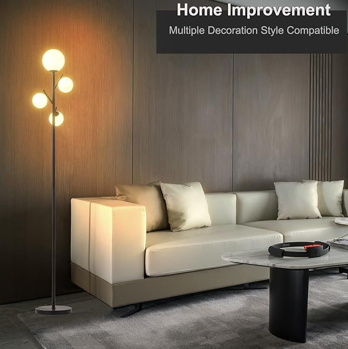 4 Globe Floor Lamp, Modern Sputnik Tree Standing Lamp with Frosted Glass Ball Lampshade & 3000K LED Bulbs, Mid Century Contemporary Tall Lamp for Living Room, Bedroom, Office, Hotel - LeafyLoom