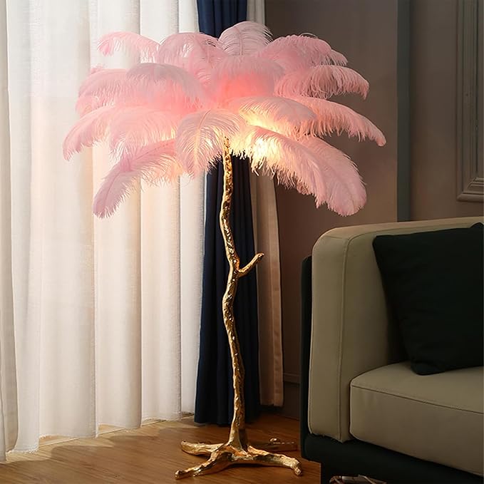 Romantic Feather Floor Lamp Modern Luxury Resin Ostrich Feather LED Lamp Living Room Bedroom Corner Decoration Floor Lamp Pink - LeafyLoom
