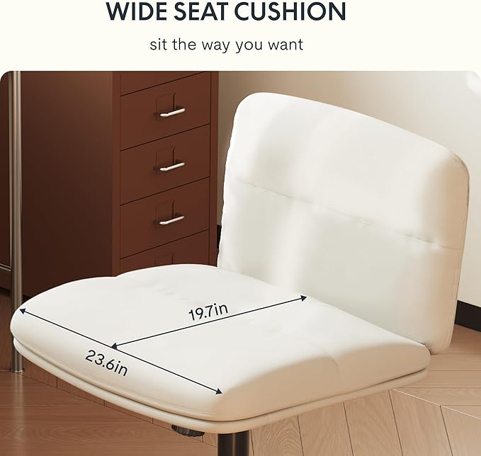 FLEXISPOT Cross Legged Office Chair Armless Desk Chair Comfy Wide Seat Criss Cross Chair with Wheels Vanity Chair for Living Room Bedroom Study Room(White Light Beige) - LeafyLoom