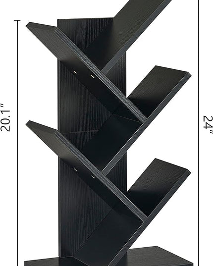 Hoctieon 4 Tier Tree Bookshelf, 4 Shelf Bookcase, Free Standing Tree Bookcase, Display Floor Standing Shelf for Books, Book Organizer Shelves for Home Office, Living Room, Bedroom, Black - LeafyLoom