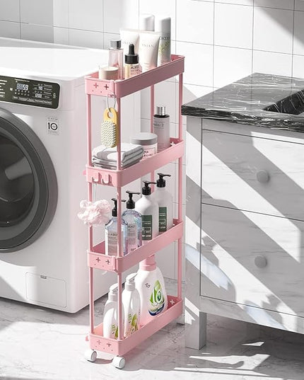 TOOLF Slim Rolling Storage Cart, 4 Tier Utility Cart on Wheels, Mobile Shelving Unit with Hooks for Narrow Space, Rolling Organizer for Bathroom Laundry Kitchen Dorm for Craft Makeup Diaper, Pink - LeafyLoom